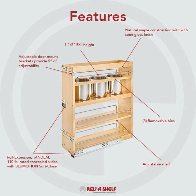 Rev-A-Shelf Wood Base Cabinet Utility Pull Out Organizer With Soft Close, 7.5" 6 Rev-A-Shelf Wood Base Cabinet Utility Pull Out Organizer With Soft Close, 7.5" - Image 4