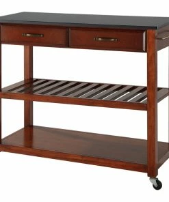 Crosley Solid Black Granite Top Kitchen Cart, Optional Stool Storage, Classic Cherry