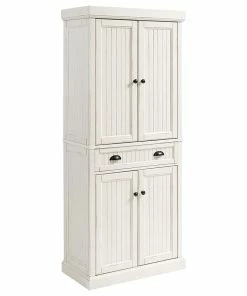 Decor Love Traditional Tall Pantry Cabinet, 2 Cabinets & Center Drawer, Distressed White