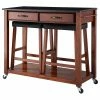 Crosley Solid Black Granite Kitchen Cart, Classic Cherry, 24" Upholstered Saddle Stools