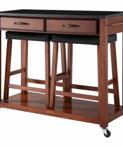 Crosley Solid Black Granite Kitchen Cart, Classic Cherry, 24" Upholstered Saddle Stools