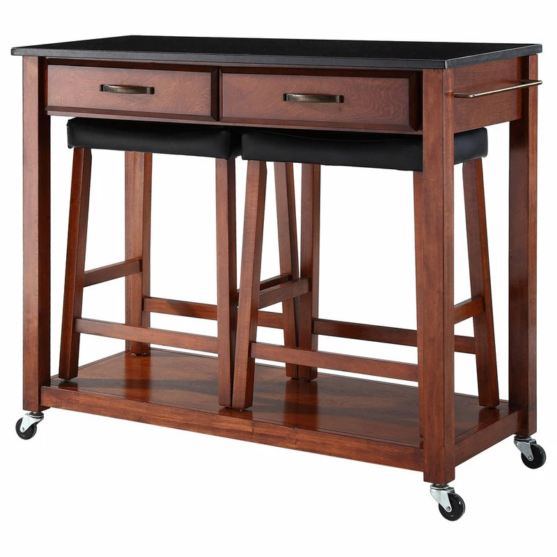Crosley Solid Black Granite Kitchen Cart, Classic Cherry, 24" Upholstered Saddle Stools 3 Crosley Solid Black Granite Kitchen Cart, Classic Cherry, 24" Upholstered Saddle Stools