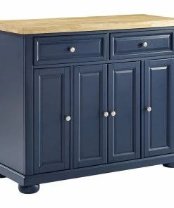 Decor Love Traditional Kitchen Island, Hardwood Frame With Cabinet And Butcher Block, Navy