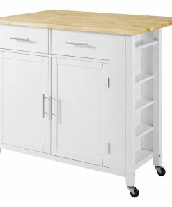 Crosley Savannah Wood Top Drop-Leaf Kitchen Island Cart, White/Natural