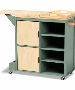 Wholesale Interiors Two-Tone Dark Green And Natural Wood Kitchen Storage Cart