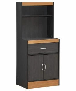 Hodedah Import Inc. 54" Tall Open Shelves Enclosed Storage Kitchen Cabinet, Black-Beech