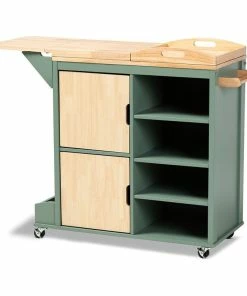 Baxton Studio Dorthy Two-tone Dark Green And Natural Wood Kitchen Cart