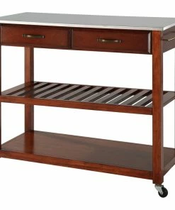 Crosley Stainless Steel Top Kitchen Cart/Island, Optional Stool Storage, Classic Cherry