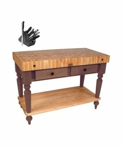 Boos Blocks John Boo CUCR05 48x24 Rustica Table, Henckels Knife Set, Walnut Stain, Shelf