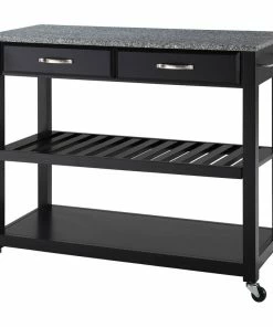 Crosley Solid Granite Top Kitchen Cart/Island, Optional Stool Storage, Black