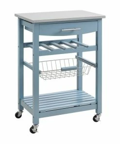 Linon Home Decor Products Linon Natalie Wood Stainless Steel Top Kitchen Cart In Blue