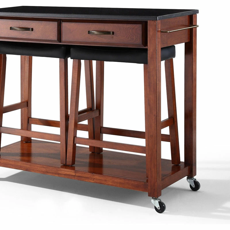 Crosley Solid Black Granite Kitchen Cart, Classic Cherry, 24" Upholstered Saddle Stools 4 Crosley Solid Black Granite Kitchen Cart, Classic Cherry, 24" Upholstered Saddle Stools - Image 2