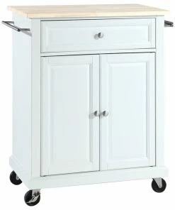Crosley Natural Wood Top Portable Kitchen Island Cart, White
