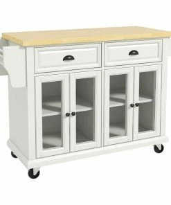 Karat Home 51.2"W Rolling Kitchen Island With Solid Wood Top, White