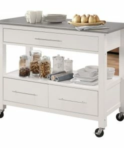 HomeRoots 43"x22"x36" Stainless Steel And White Kitchen Island