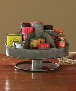 Benzara, Woodland Imprts, The Urban Port Benzara Galvanized Lazy Susan Organizer With 6 Pockets, Gray