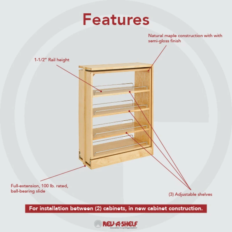 Rev-A-Shelf Wood Base Filler Pull Out Organizer For New Kitchen Applications, 9" 4 Rev-A-Shelf Wood Base Filler Pull Out Organizer For New Kitchen Applications, 9" - Image 2