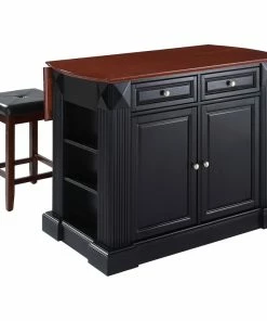 Crosley Drop Leaf Breakfast Kitchen Island, Black, 24" Upholstered Square Seat Stools