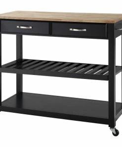 Crosley Natural Wood Top Kitchen Cart/Island With Optional Stool Storage, Black Finish