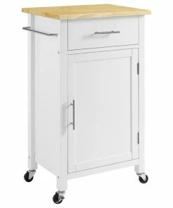 Crosley Savannah Wood Top Compact Kitchen Island Cart, White/Natural