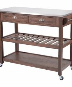 Offex Sonoma Kitchen Cart With Stainless Steel Top, Chestnut Wire-Brush