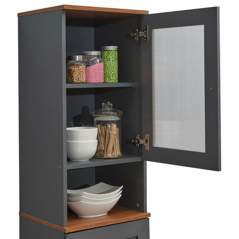 Hodedah Import Inc. 63" Tall Open Shelf Enclosed Storage Kitchen Pantry, Gray-Oak 5 Hodedah Import Inc. 63" Tall Open Shelf Enclosed Storage Kitchen Pantry, Gray-Oak - Image 3