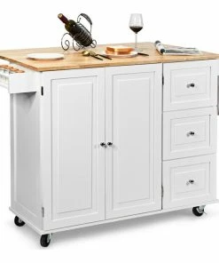 Gymax Drop-Leaf Kitchen Island Trolley Cart Wood Storage Cabinet W/ Spice Rack