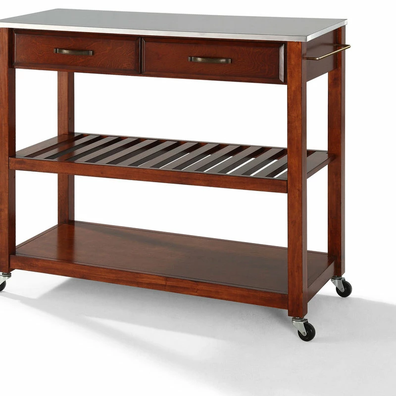 Crosley Stainless Steel Top Kitchen Cart/Island, Optional Stool Storage, Classic Cherry 4 Crosley Stainless Steel Top Kitchen Cart/Island, Optional Stool Storage, Classic Cherry - Image 2
