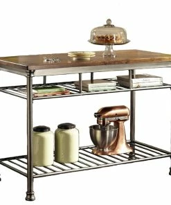 Decorn Industrial Kitchen Island, Slatted Metal Shelf And Butcher Block Top, Caramel Wo