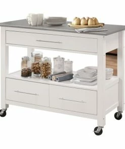 Bowery Hill Stainless Steel Top Kitchen Island In White