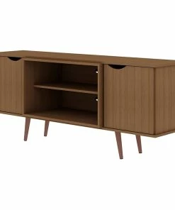 Decorn Midcentury TV Stand, 2 Side Cabinets With Cutout Handles, Maple Cream
