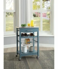 Linon Home Decor Products Linon Natalie Wood Stainless Steel Top Kitchen Cart In Blue -Coast2Coast shop a96196c70c1294db 5226 w800 h800 b0 p0