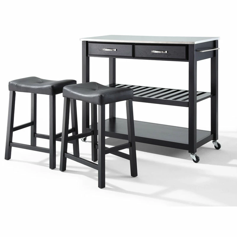 Crosley Stainless Steel Top Kitchen Cart With Saddle Stools In Black 5 Crosley Stainless Steel Top Kitchen Cart With Saddle Stools In Black - Image 3