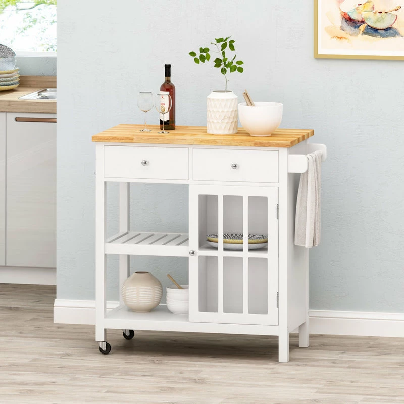 GDFStudio Marlon Kitchen Cart With Wheels, White, Natural 4 GDFStudio Marlon Kitchen Cart With Wheels, White, Natural - Image 2