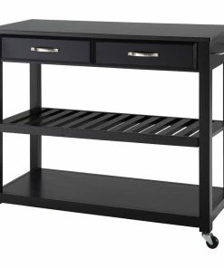 Crosley Solid Black Granite Top Kitchen Cart/Island, Optional Stool Storage, Black