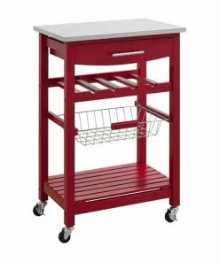 Linon Home Decor Products Linon Natalie Wood Stainless Steel Top Kitchen Cart In Red