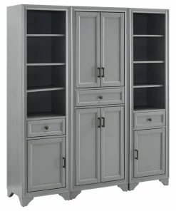 Crosley Tara 3-Piece Pantry Set, Distressed Gray Pantry And 2 Linen Cabinets