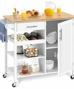 Decorn Modern Kitchen Cart, White Body With Plenty Storage Space & Pine Wood Top