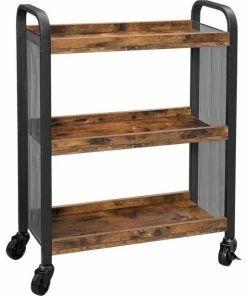 Benzara, Woodland Imprts, The Urban Port 3 Tier Wood And Metal Kitchen Cart With Mesh Side Panel, Brown And Black