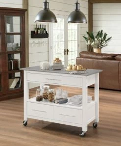Benzara, Woodland Imprts, The Urban Port Kitchen Cart With Stainless Steel Top, Gray & White