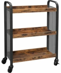 Benjara 3 Tier Wood And Metal Kitchen Cart With Mesh Side Panel, Brown And Black