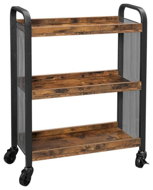 Benjara 3 Tier Wood And Metal Kitchen Cart With Mesh Side Panel, Brown And Black 3 Benjara 3 Tier Wood And Metal Kitchen Cart With Mesh Side Panel, Brown And Black